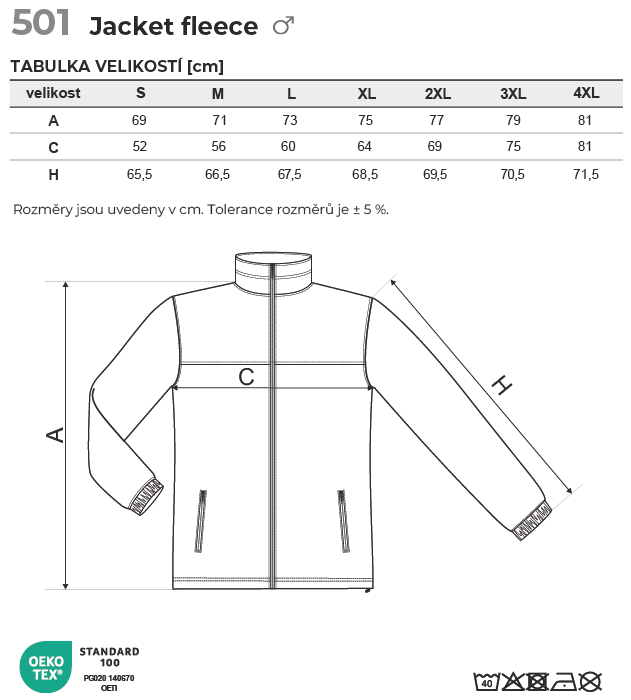 501 Jacket fleece pánský Tabulka velikostí